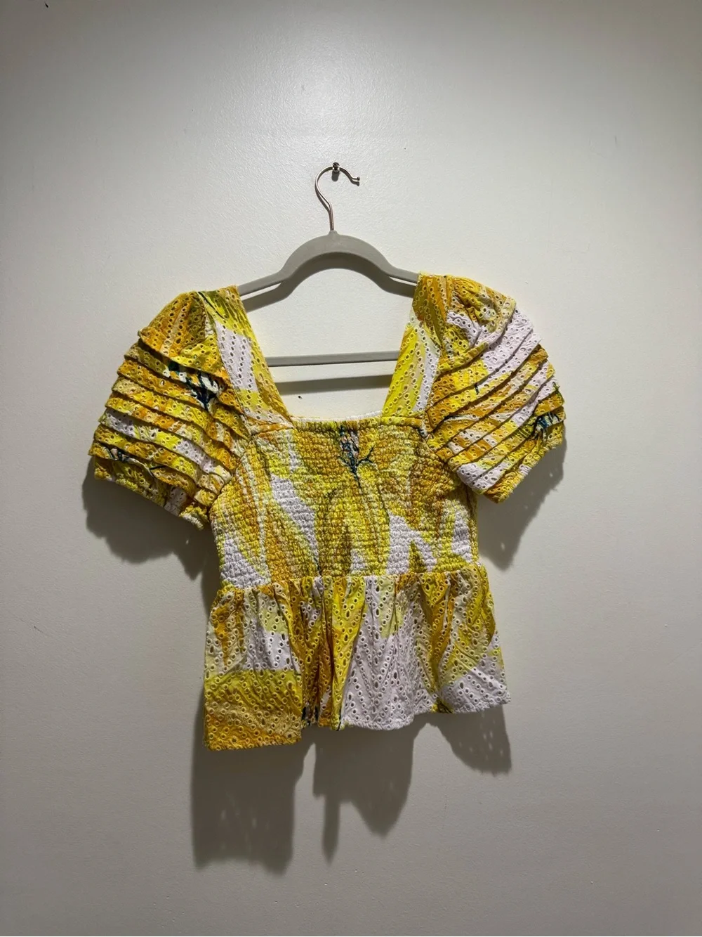 FARM Rio Azalea Yellow Floral Eyelet Smocked Peplum Top M